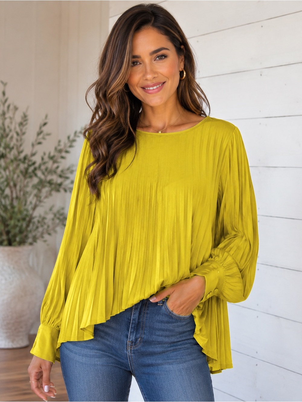 Before You Pleated Asymmetrical Swing Blouse Long Sleeve Statement Cuff - Small